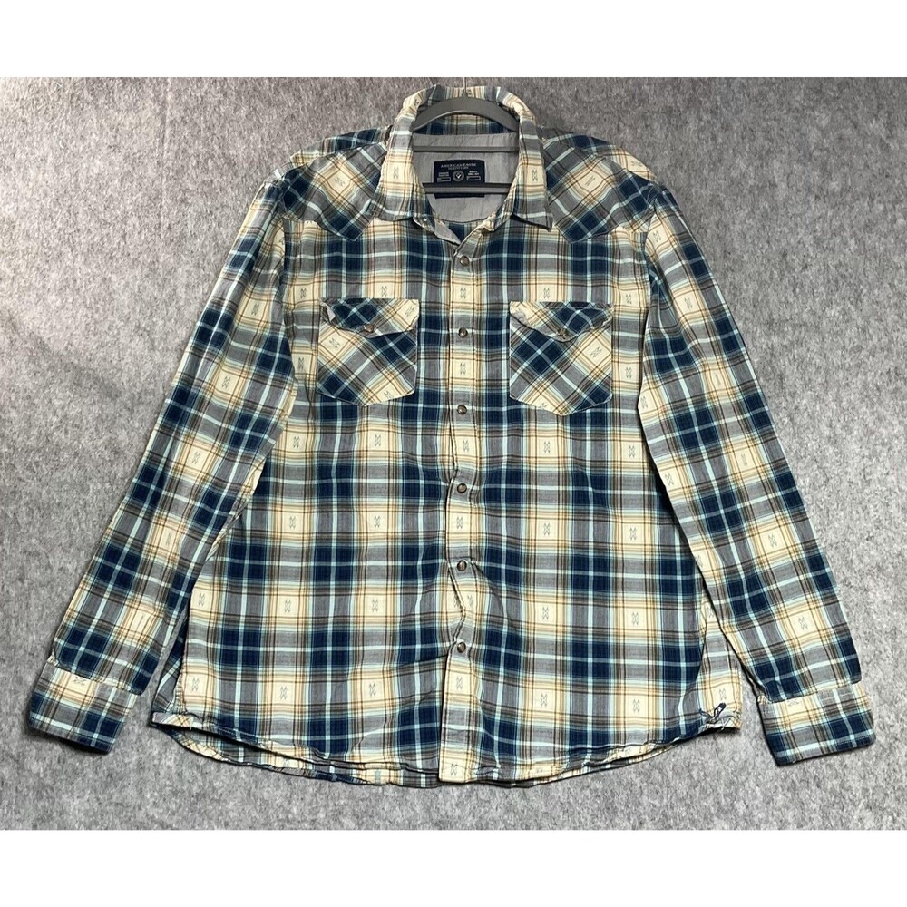 American Eagle Outfitters Shirt Mens 2XL Blue Plaid Western Pearl Front Cowboy